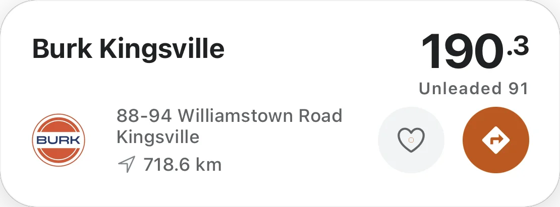 Fuel Spy station card for Burk Kingsville, showing 190.3 cents per litre for Unleaded 91