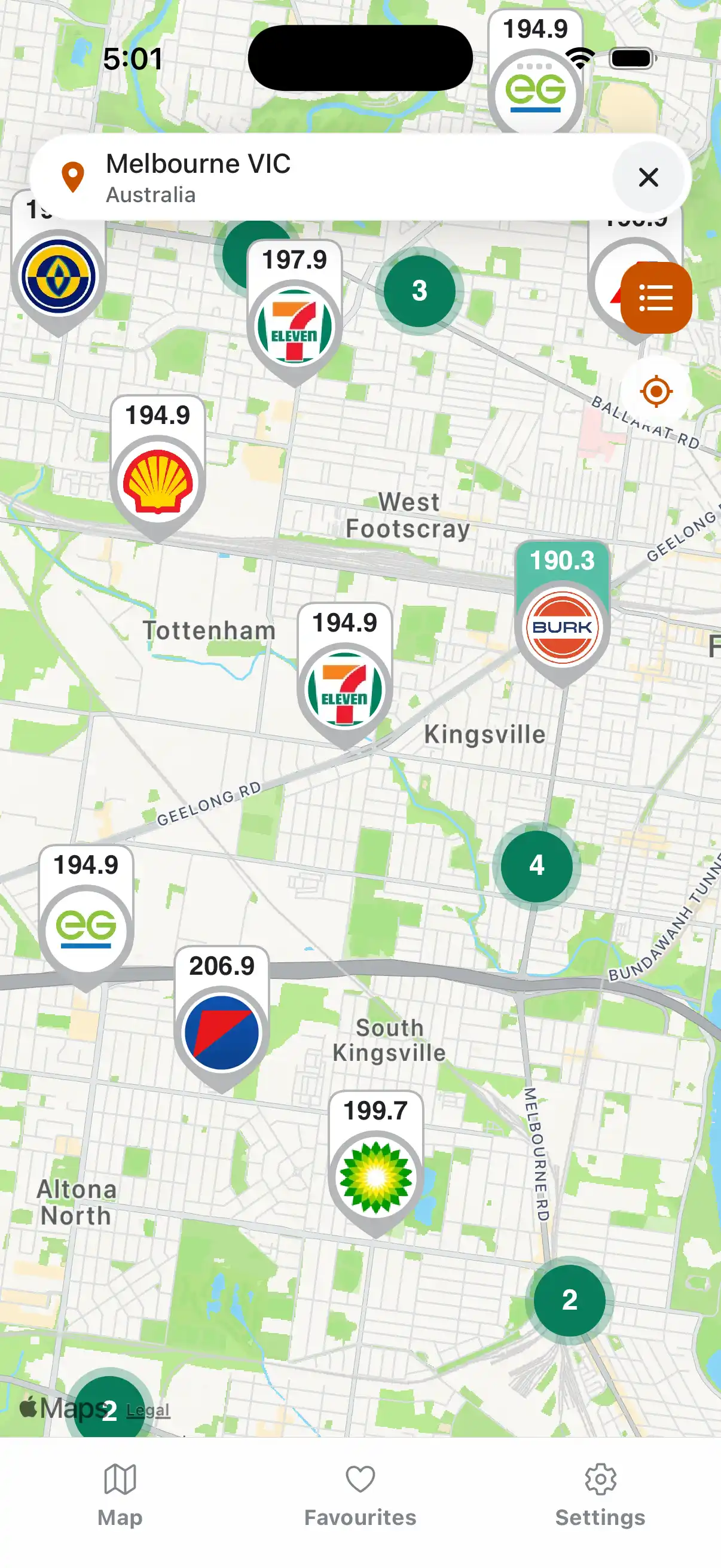 Fuel Spy app map showing live nearby fuel prices in Melbourne